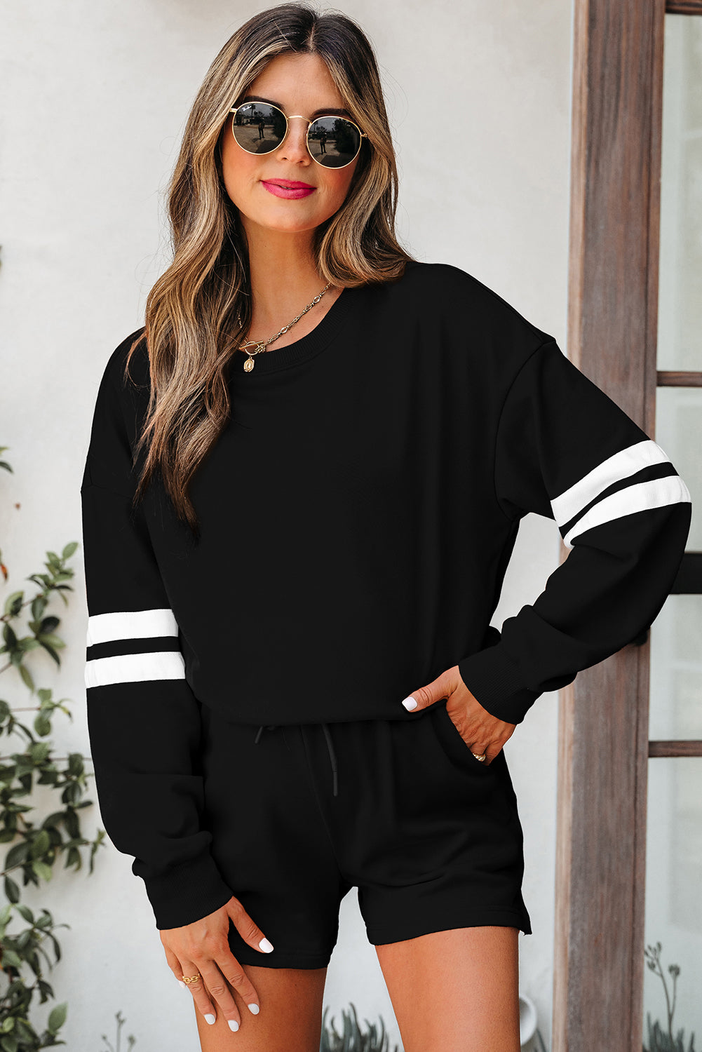 Varsity Striped Sleeve Drop Shoulder Sweatshirt & Short Set