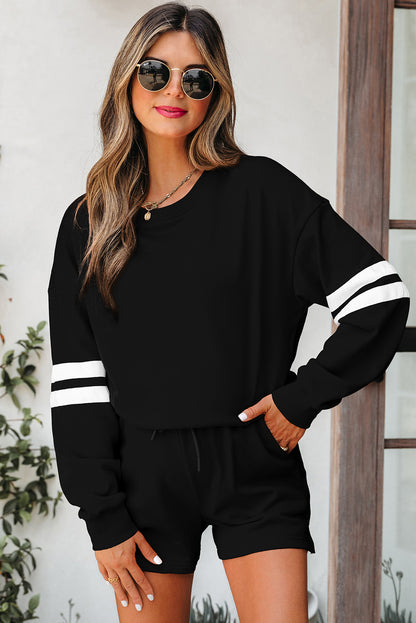 Varsity Striped Sleeve Drop Shoulder Sweatshirt & Short Set