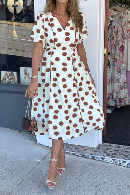 White Brown Polka Dot V-Neck Tie Waist Midi Dress