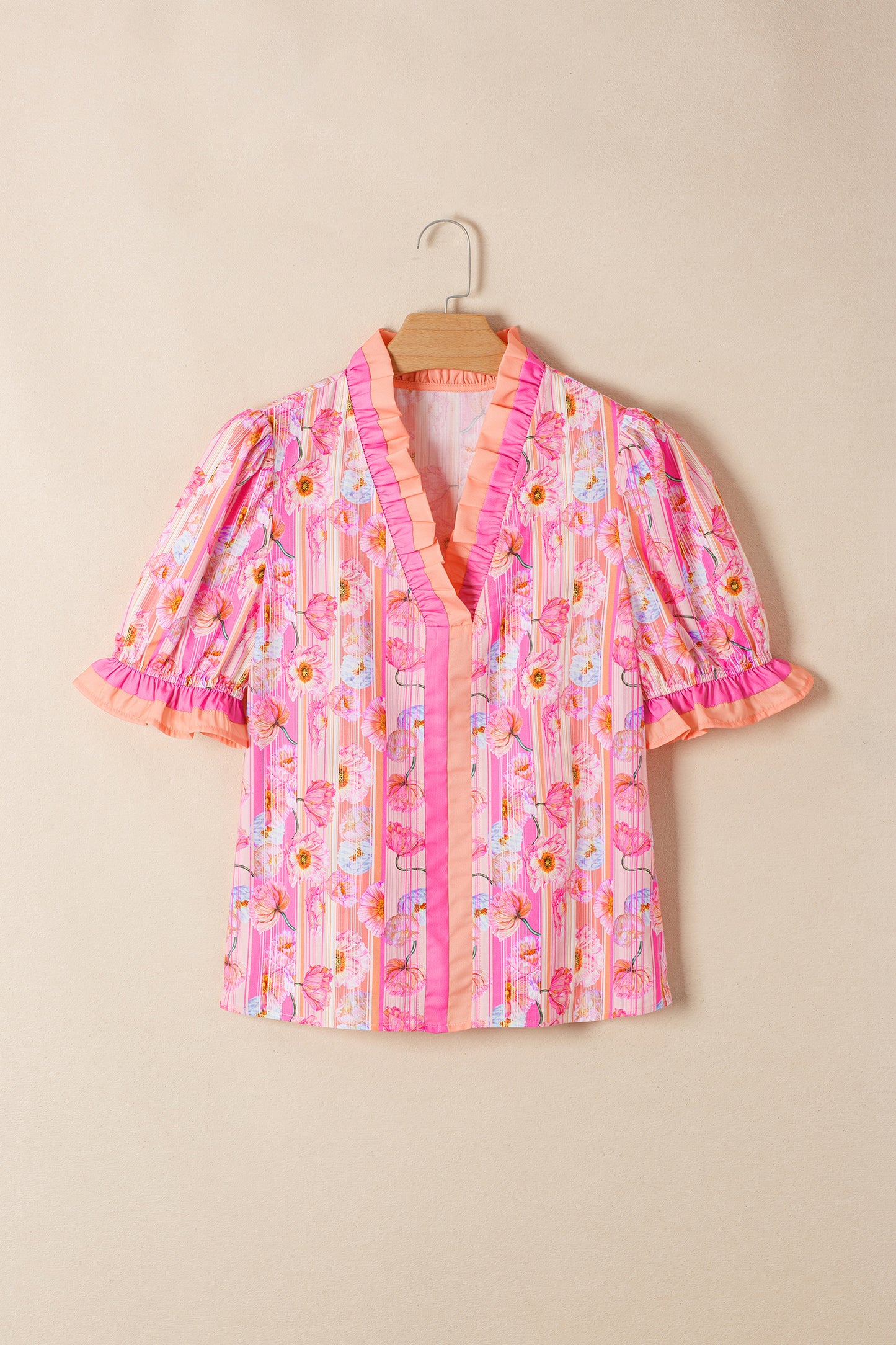 Floral Striped Contrast Trim Puff Sleeve Blouse – Feminine Everyday Top