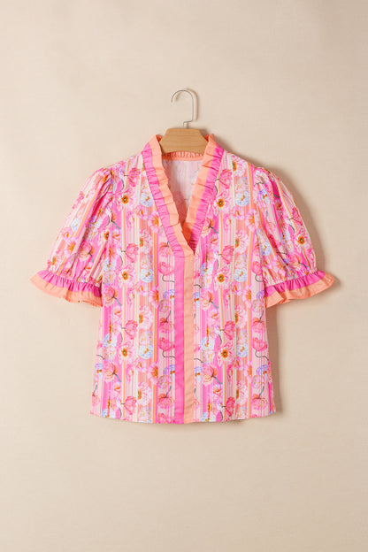 Floral Striped Contrast Trim Puff Sleeve Blouse – Feminine Everyday Top