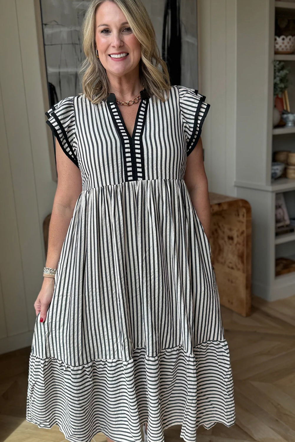 Striped Flutter Sleeve Tiered Midi Dress with Contrast Trim