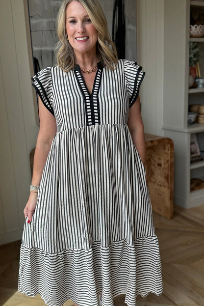 Striped Flutter Sleeve Tiered Midi Dress with Contrast Trim