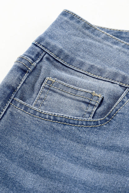 Light Wash Blue High Rise Double Button Straight Leg Jeans – Raw Hem Denim