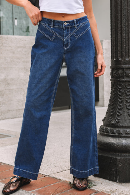 Stitched Waist Loose Cuffed High‑Rise Jeans