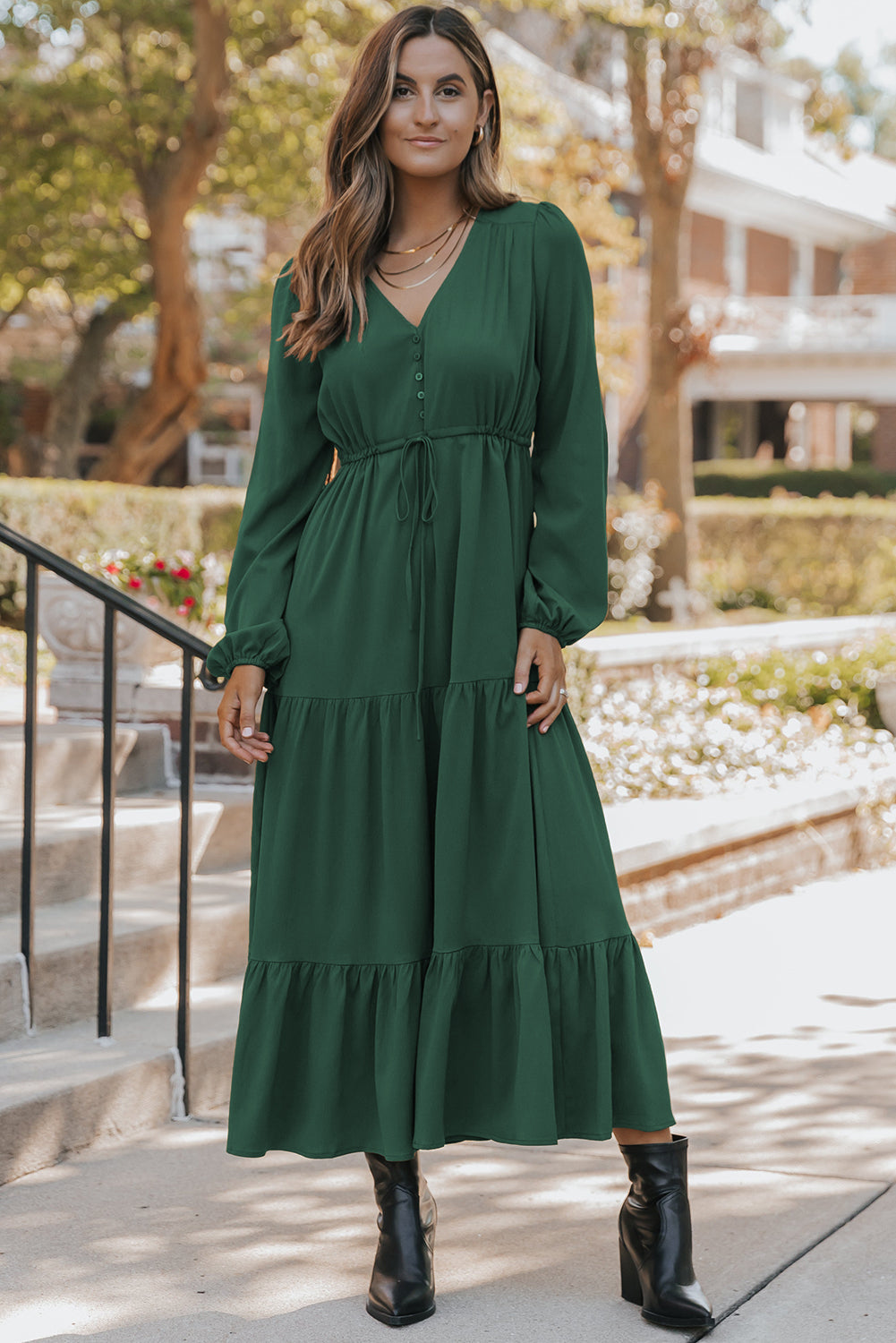 Long Sleeve V‑Neck Button Front Tiered Maxi Dress