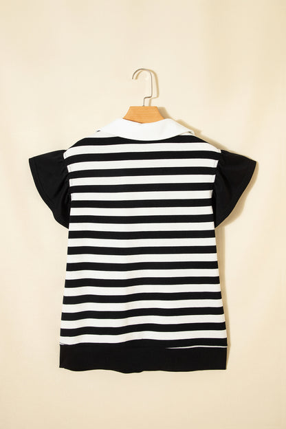 Striped Flutter Sleeve Collared Blouse – Casual Everyday Boutique Top