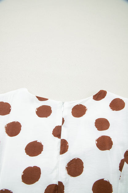 White Brown Polka Dot V-Neck Tie Waist Midi Dress