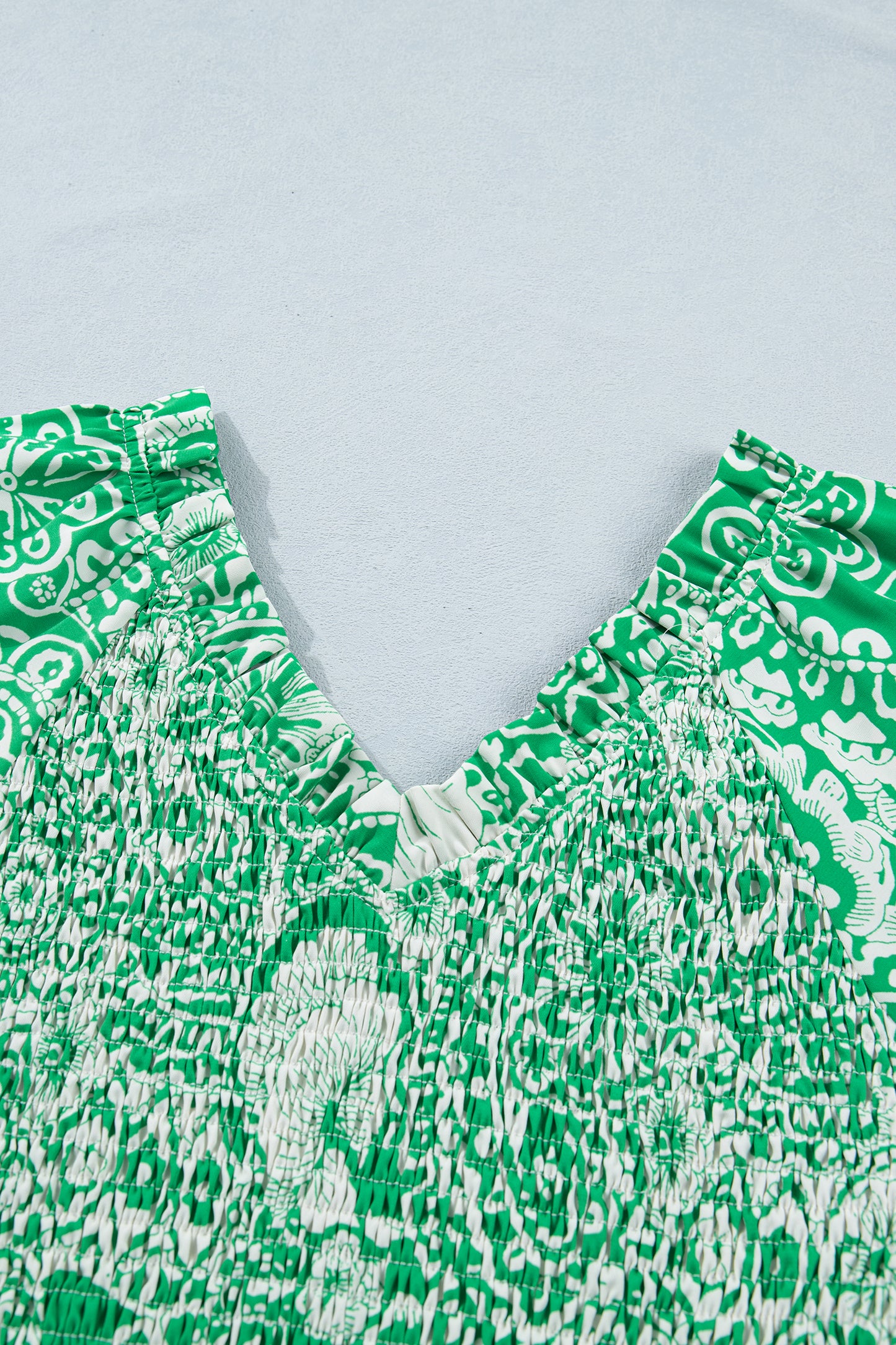 Green Floral Smocked Peplum Short Sleeve Blouse