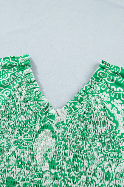 Green Floral Smocked Peplum Short Sleeve Blouse