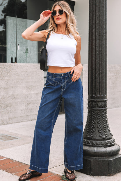 Stitched Waist Loose Cuffed High‑Rise Jeans