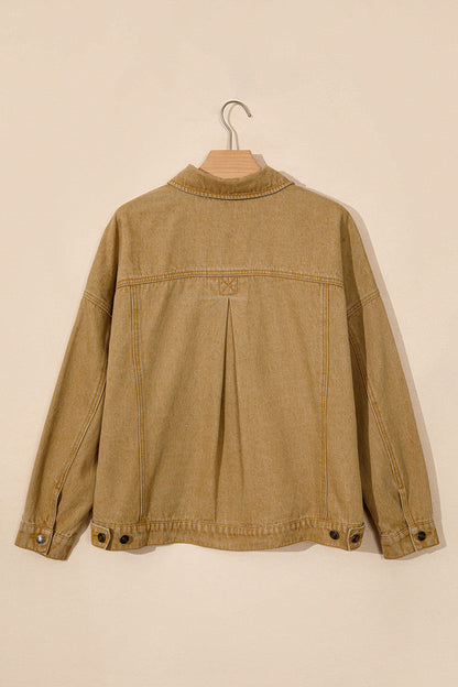Tan women's denim jacket with metal button front, collared neckline, long sleeves, patch pockets, and relaxed fit.