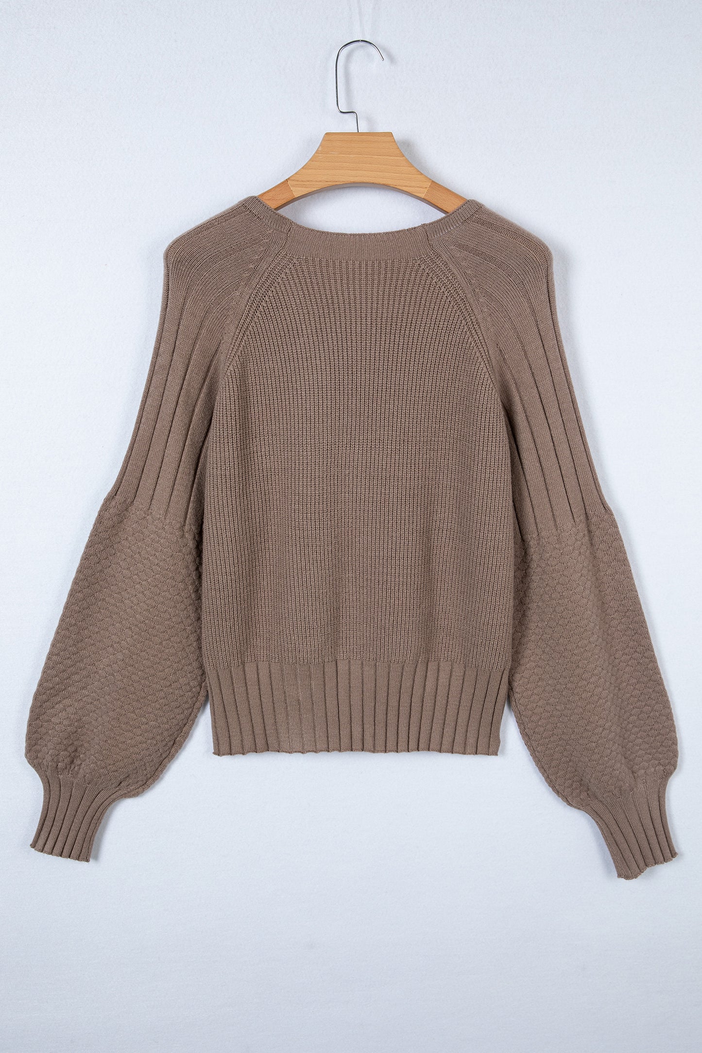 Women's taupe textured bishop sleeve cardigan with a V-neck, button-front closure, mixed knit texture, and relaxed fit.