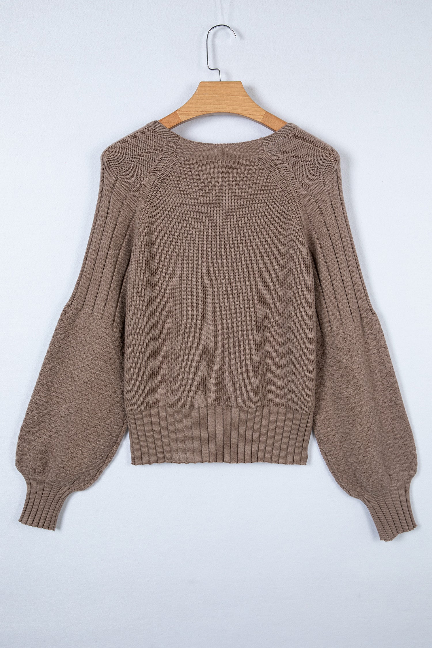 Women's taupe textured bishop sleeve cardigan with a V-neck, button-front closure, mixed knit texture, and relaxed fit.