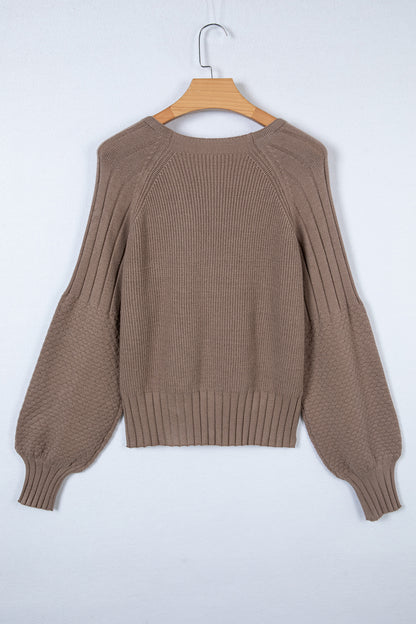 Women's taupe textured bishop sleeve cardigan with a V-neck, button-front closure, mixed knit texture, and relaxed fit.