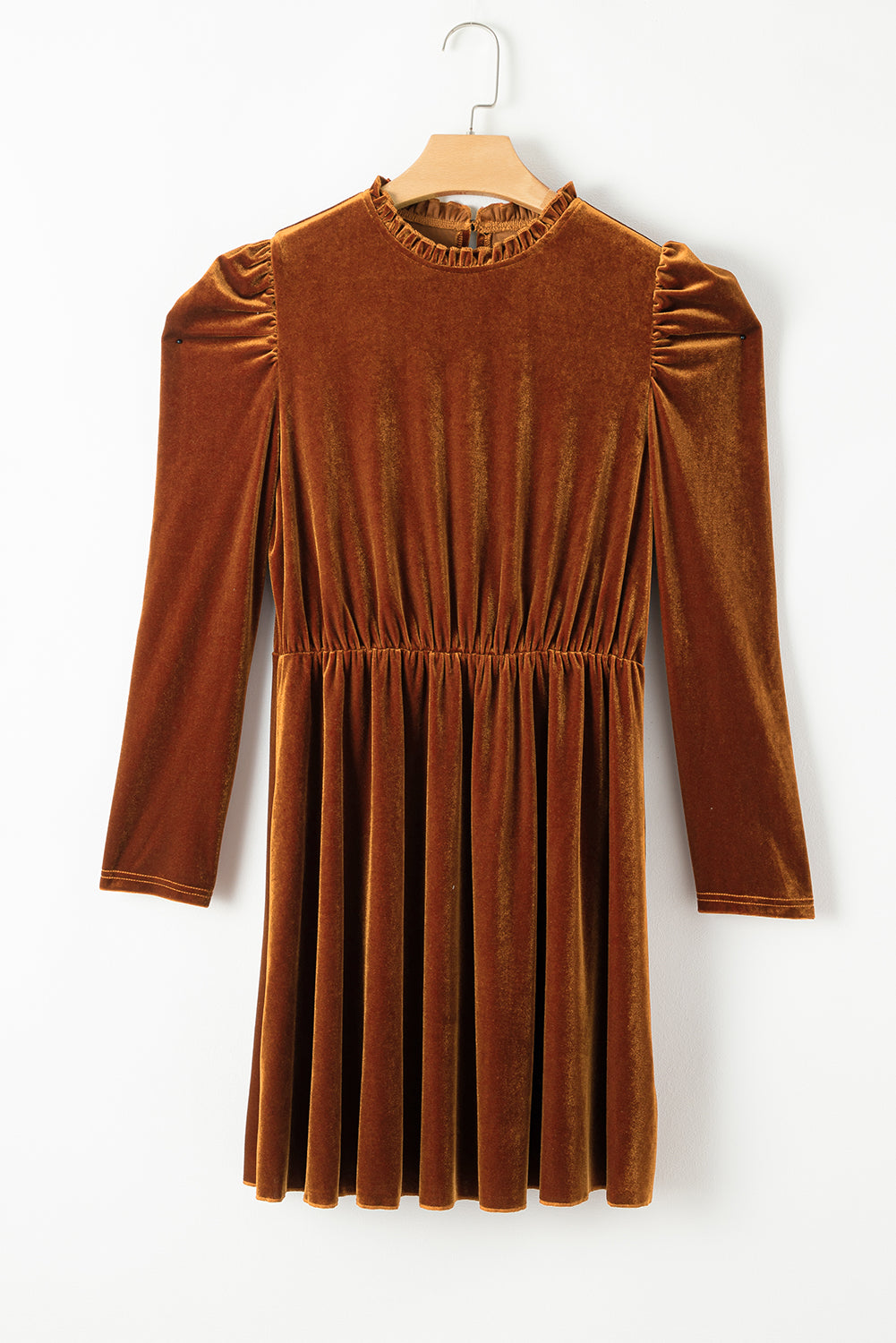 Women's caramel velvet mini dress featuring a ruffle mock neckline, long puff sleeves, elastic waist, and a fit-and-flare silhouette.