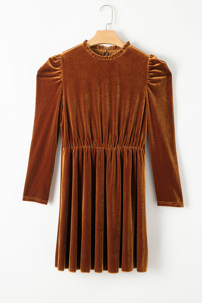 Women's caramel velvet mini dress featuring a ruffle mock neckline, long puff sleeves, elastic waist, and a fit-and-flare silhouette.