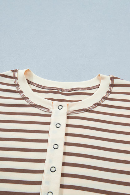 Cream Mocha Striped Henley Top – Short Sleeve Casual Blouse