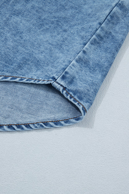 Women's Vintage Denim Wash Acid Wash Sleeveless Denim Button-Up Tank Top featuring a collared neckline, snap button front, western yoke, flap chest pockets, and curved hem.