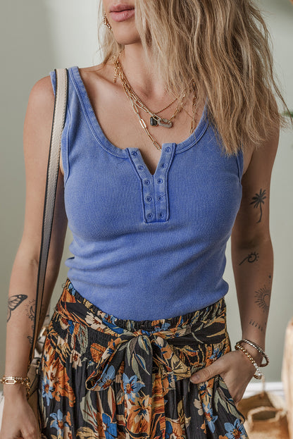 Dusty Periwinkle Mineral Washed Ribbed Notch Neck Tank Top