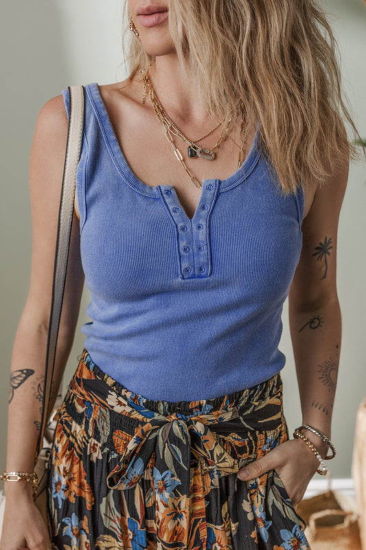Dusty Periwinkle Mineral Washed Ribbed Notch Neck Tank Top