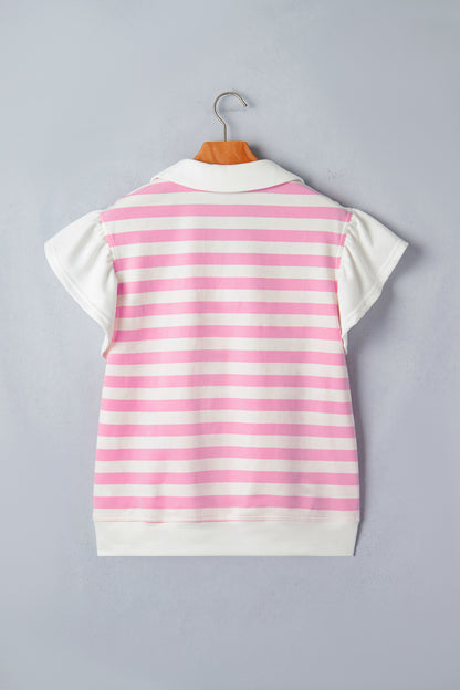 Striped Flutter Sleeve Collared Blouse – Casual Everyday Boutique Top