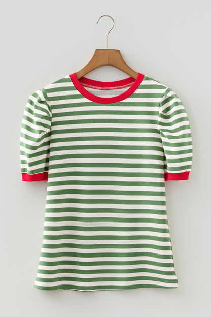 Striped Puff Sleeve Blouse – Casual Contrast Trim Everyday Top