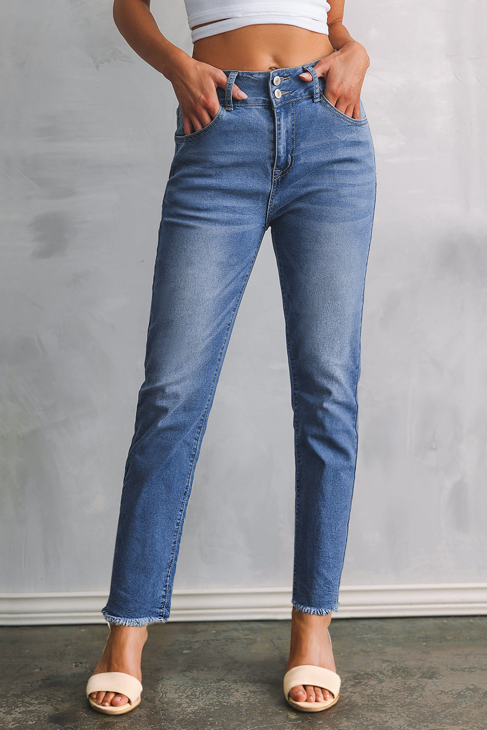 Light Wash Blue High Rise Double Button Straight Leg Jeans – Raw Hem Denim