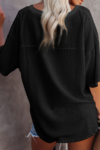 Black Waffle Knit V-Neck Loose Fit Casual Top