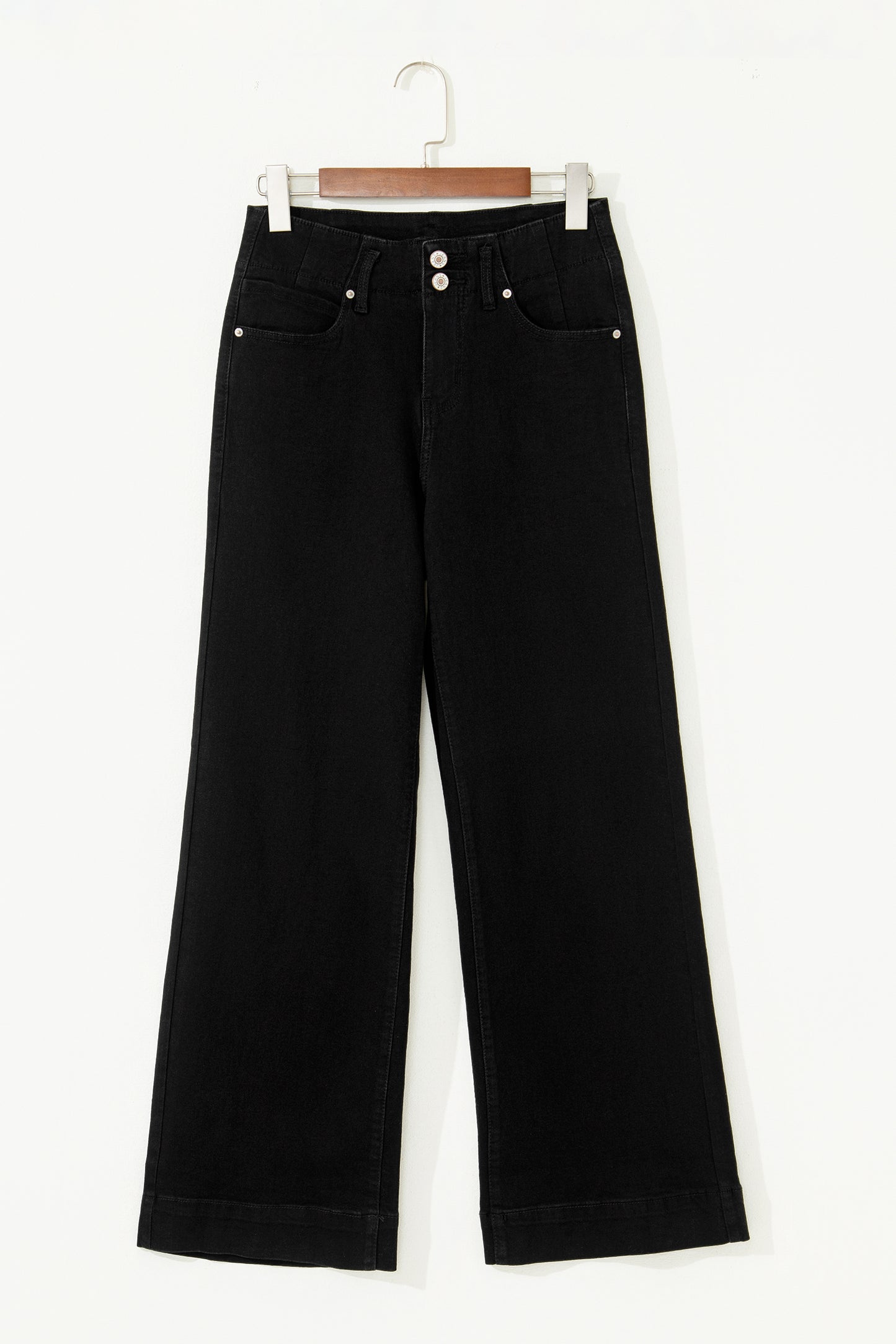 Black high rise wide leg jeans with double-button waistband, front pockets and cropped hem.