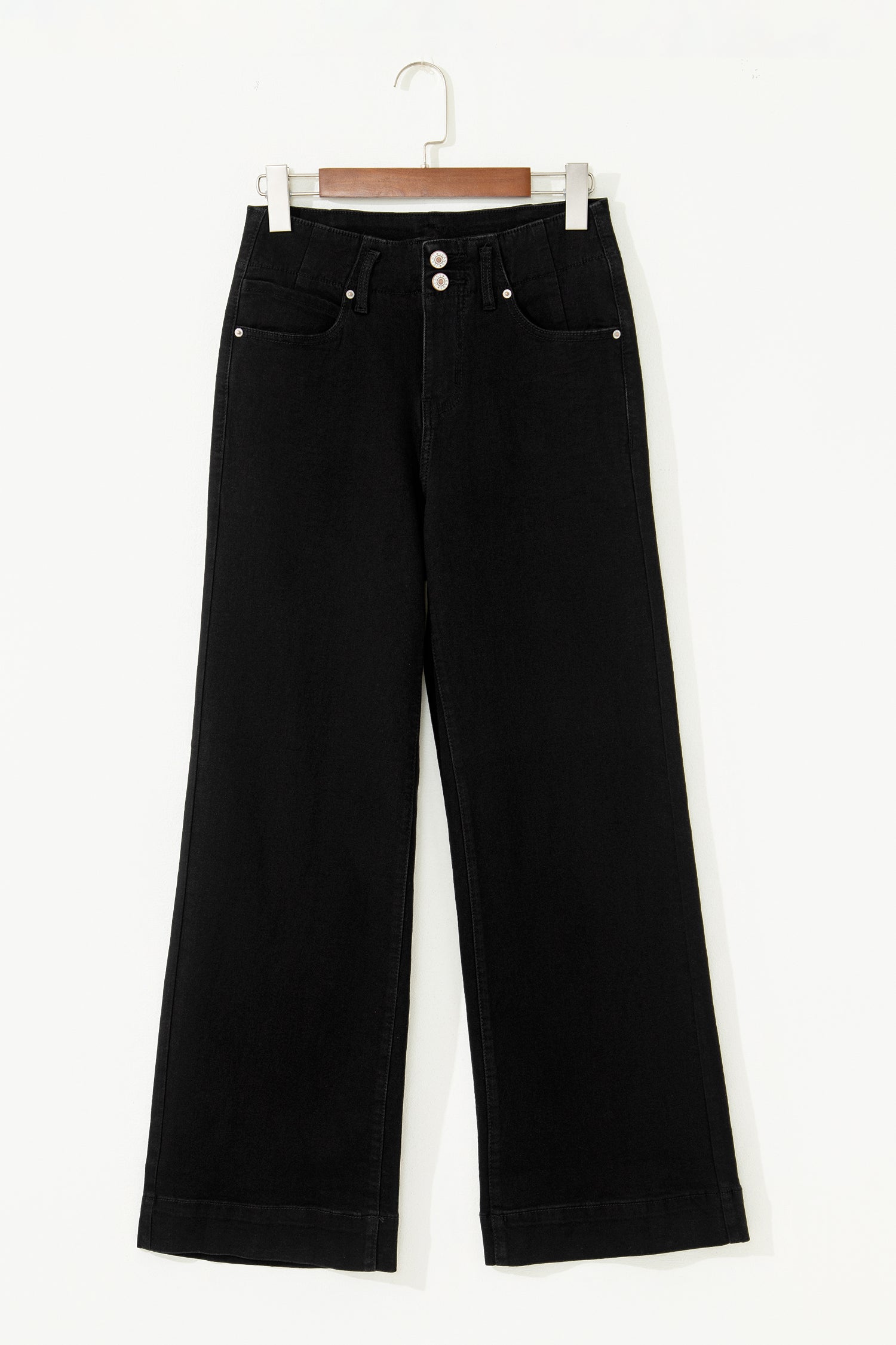 Black high rise wide leg jeans with double-button waistband, front pockets and cropped hem.