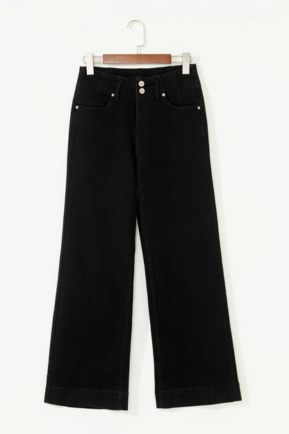 Black high rise wide leg jeans with double-button waistband, front pockets and cropped hem.