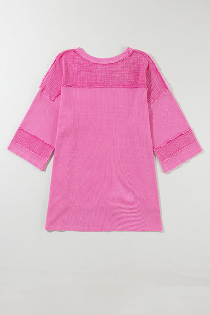 Bright Pink Mineral Wash Oversized Textured Bracelet Sleeve Top