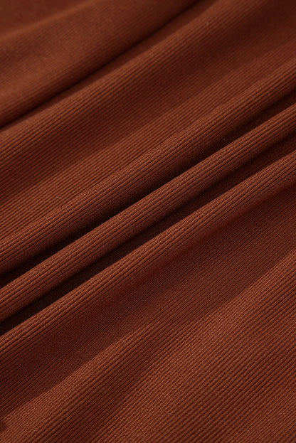 Soft Rust Ribbed Frilled Trim High‑Waist Long Sleeve Mini Dress