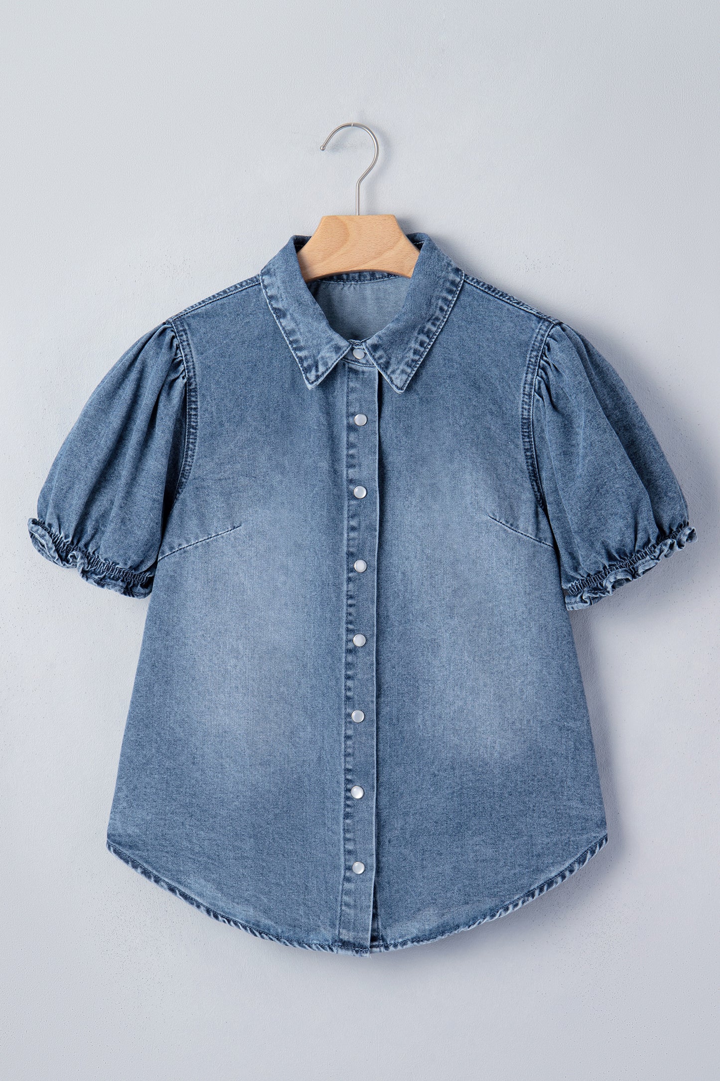 Washed Denim Puff Sleeve Button Front Blouse – Casual Everyday Top