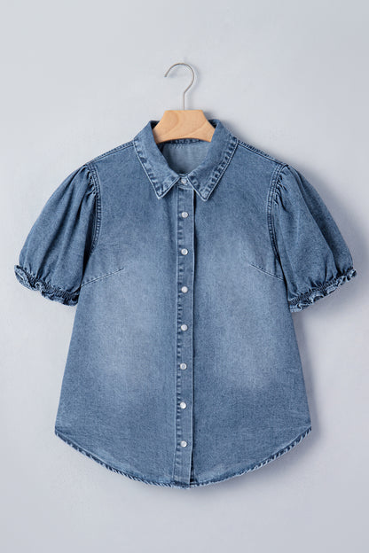 Washed Denim Puff Sleeve Button Front Blouse – Casual Everyday Top