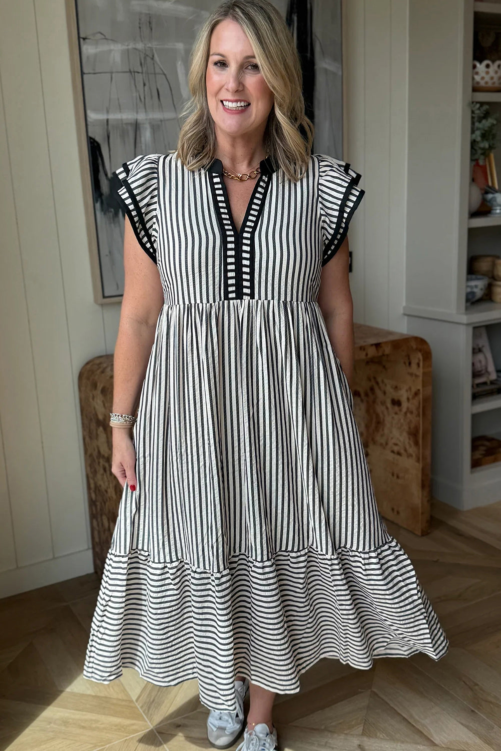 Striped Flutter Sleeve Tiered Midi Dress with Contrast Trim