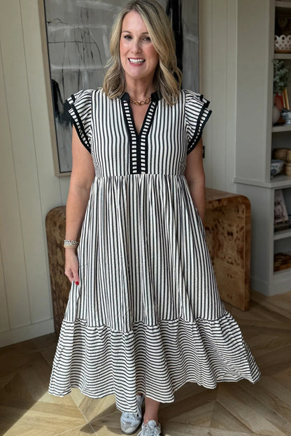 Striped Flutter Sleeve Tiered Midi Dress with Contrast Trim