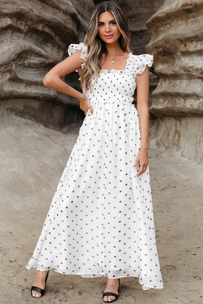White Polka Dot Smocked Ruffle Strap Maxi Dress