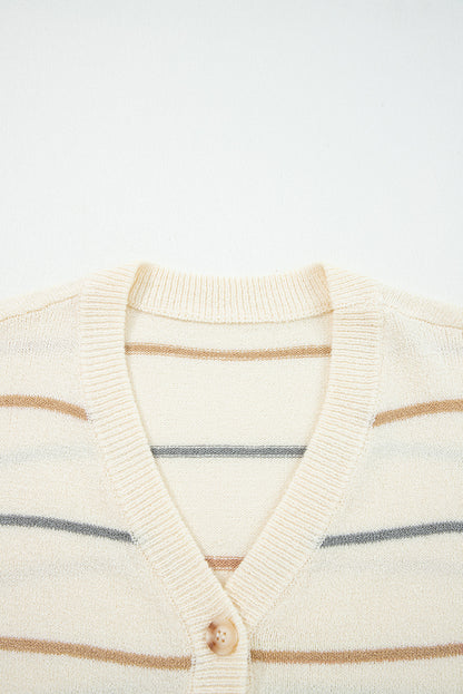 Cream striped button-front cardigan with camel tan and dusty blue-gray stripes, V-neckline, and relaxed drop-shoulder sleeves