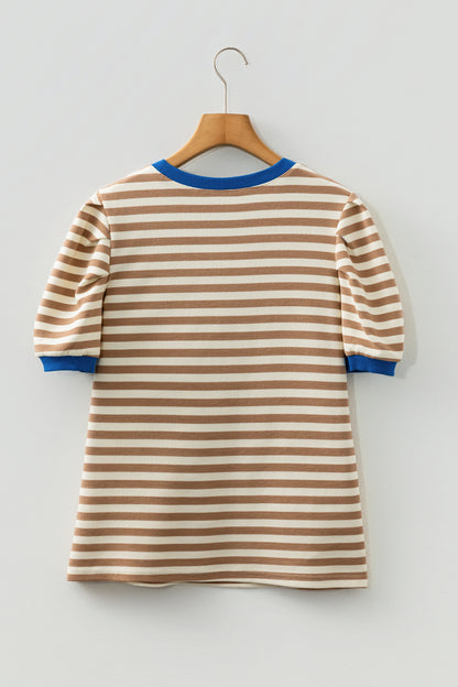 Striped Puff Sleeve Blouse – Casual Contrast Trim Everyday Top