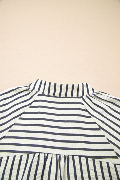 White Navy Striped Floral Embroidered Blouse – Puff Sleeve Everyday Boutique Top