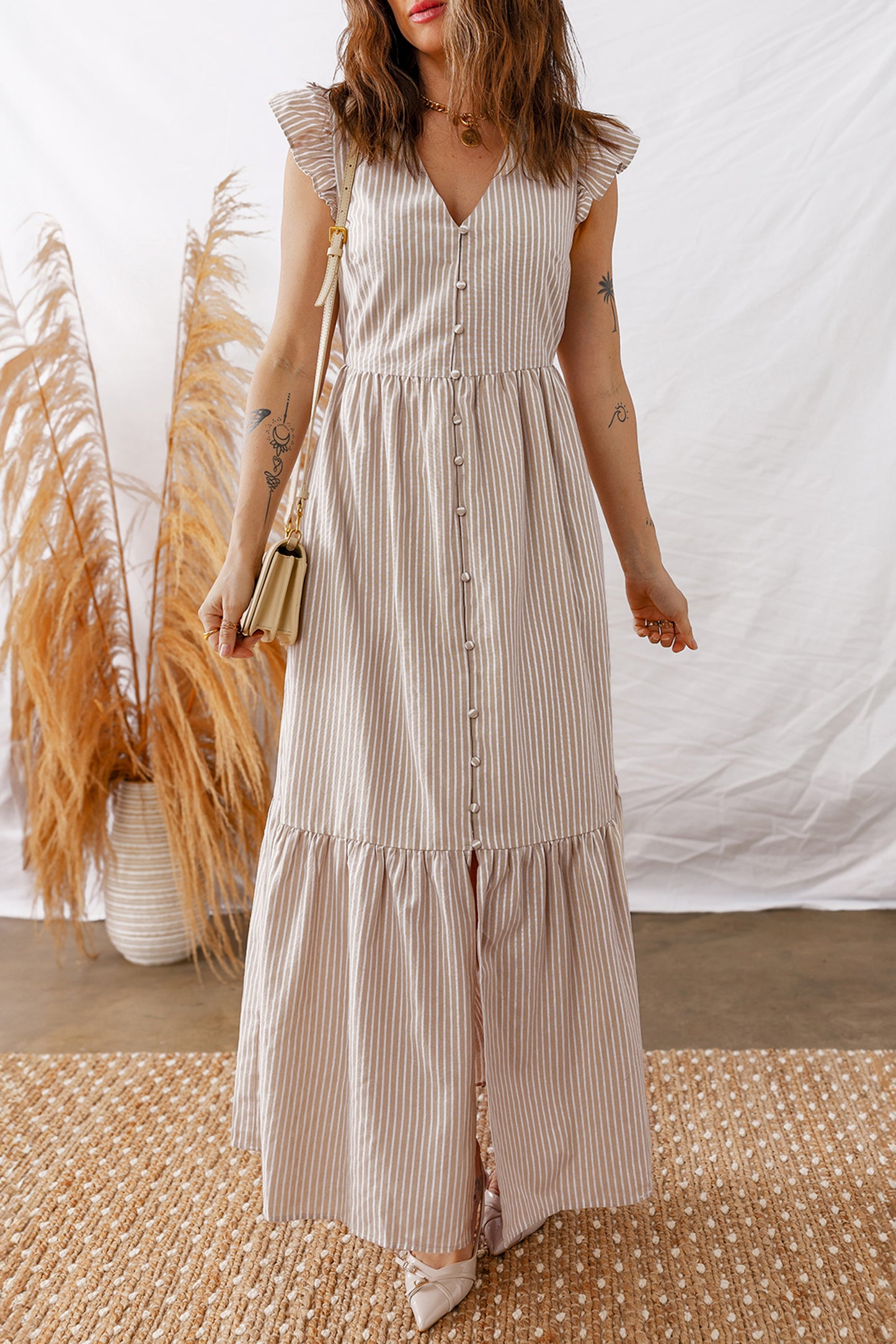 Amalfi Beige Stripe Button Front Maxi Dress
