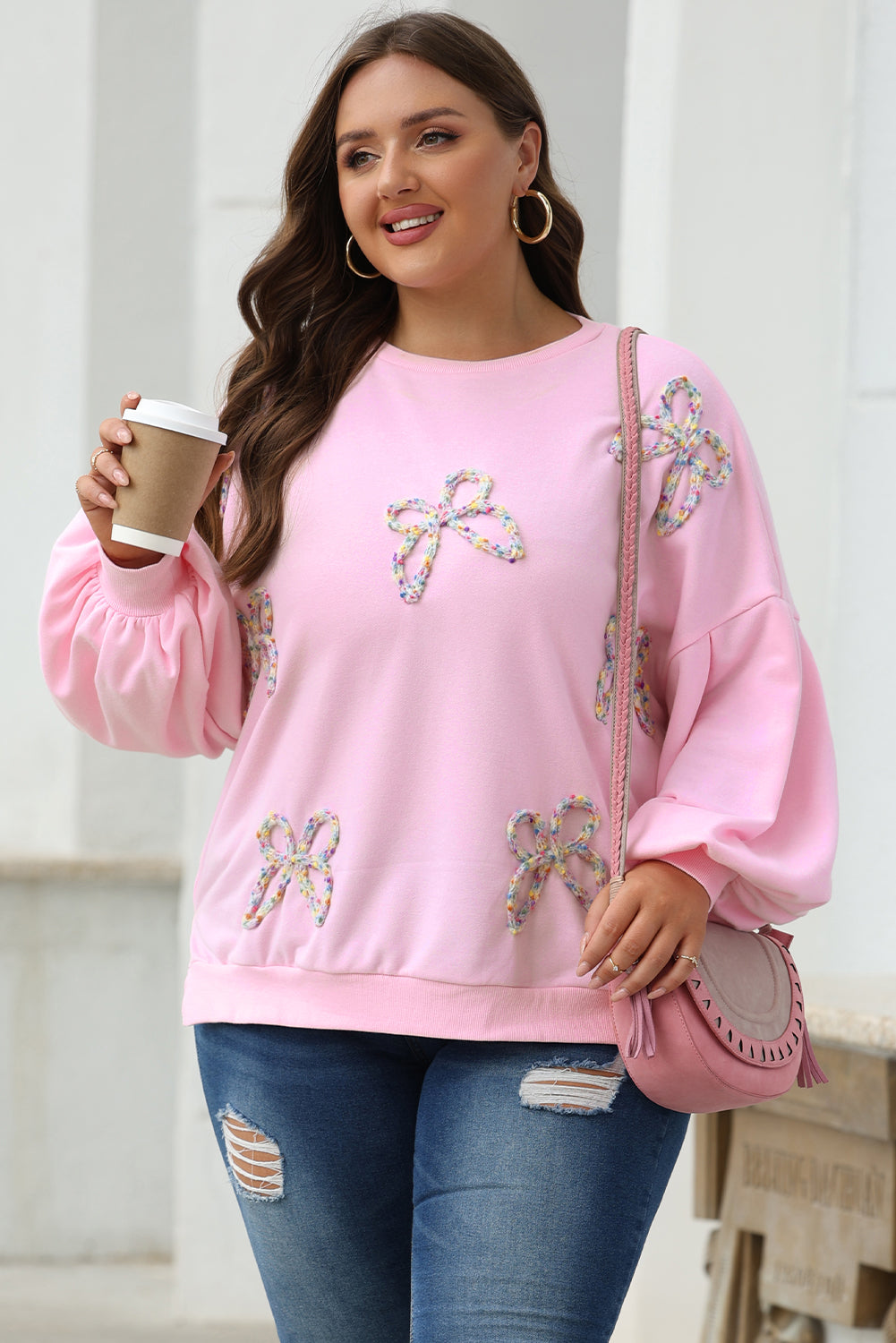 Light Pink Embroidered Bow Oversized Sweatshirt