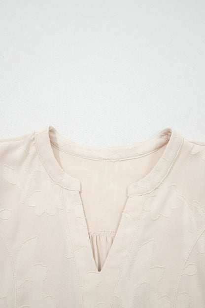 Cream Textured Tiered Mini Dress – Split Neck Long Sleeve Dress