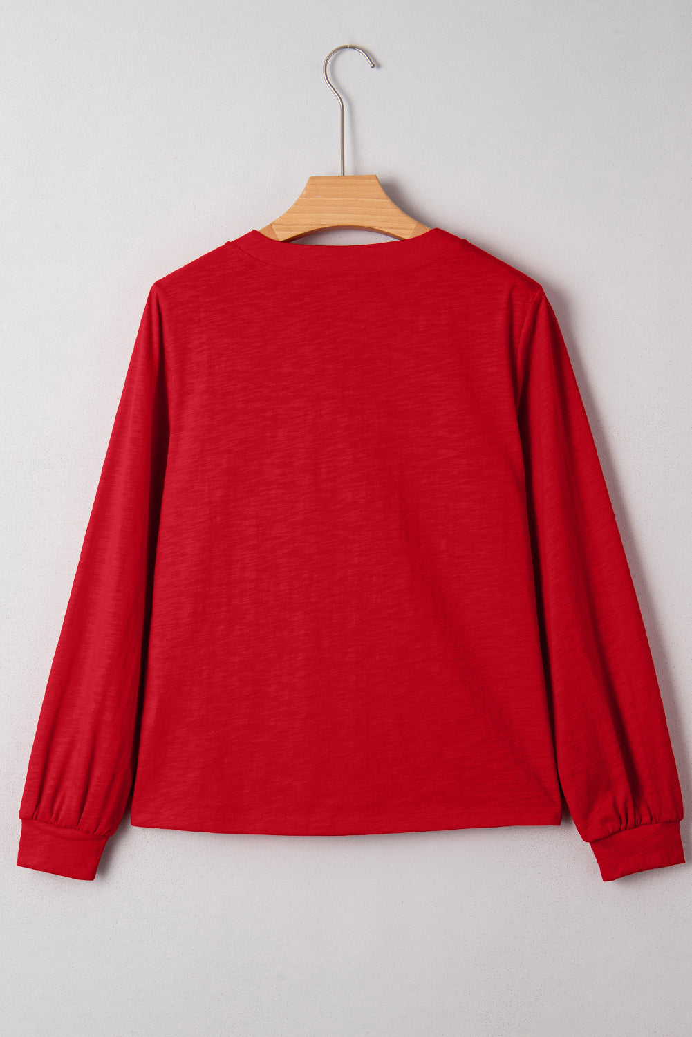 Crimson Red split neck button detail long sleeve top with gathered cuff sleeves