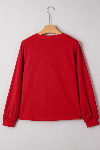 Crimson Red split neck button detail long sleeve top with gathered cuff sleeves