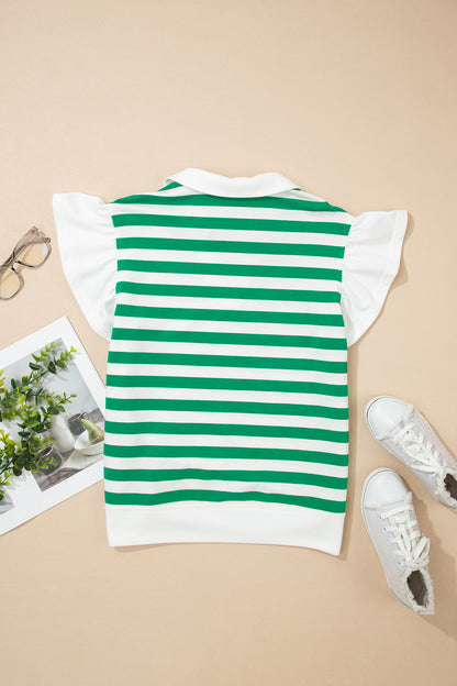 Striped Flutter Sleeve Collared Blouse – Casual Everyday Boutique Top