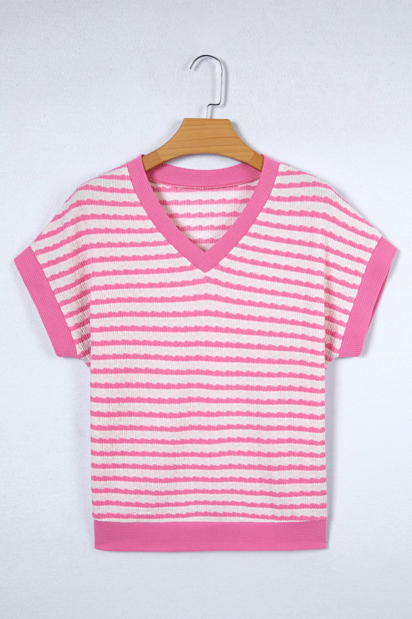 Pink Striped V-Neck Short Sleeve Knit Top – Casual Everyday Sweater Top