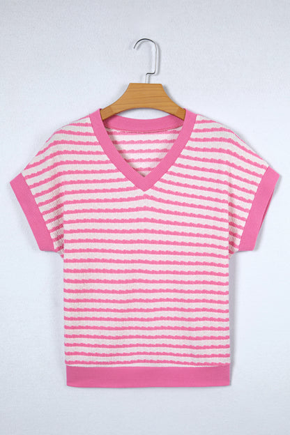 Pink Striped V-Neck Short Sleeve Knit Top – Casual Everyday Sweater Top